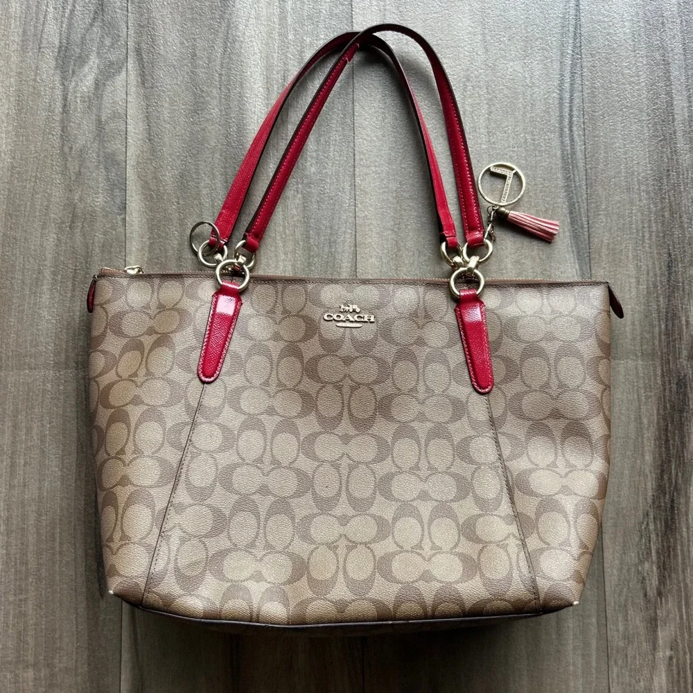 Coach Zip Top Tote Signature Canvas Khaki Red Shoulder Bag F31976